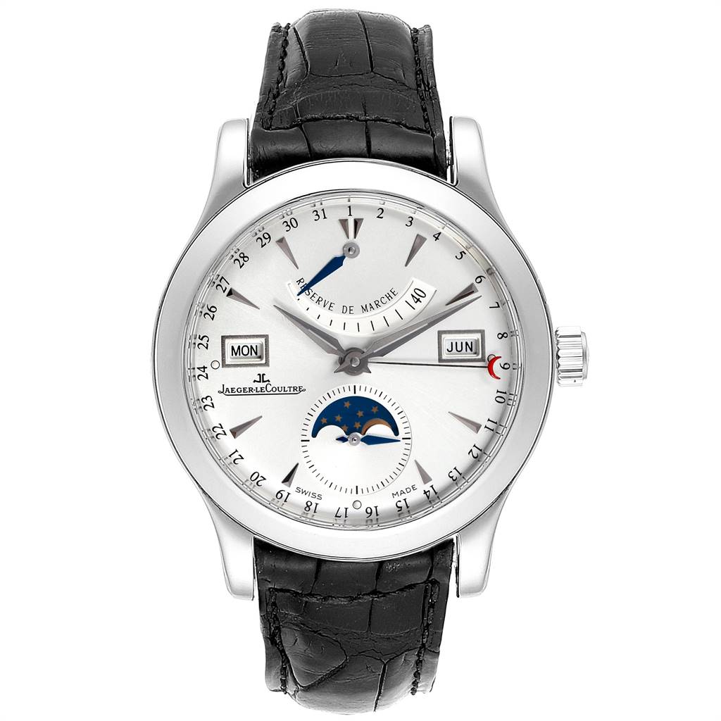 The image shows a Jaeger LeCoultre Master Q1558420 Men's Stainless Steel Silver Dial Q1558420 Men's Stainless Steel Silver Dial model watch from a front angle, displaying the dial, day, month, and moon phase complications.