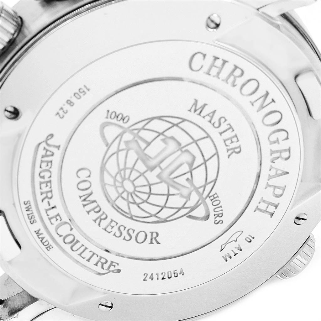 This image shows the back case of the Jaeger-LeCoultre Master Chronograph watch.