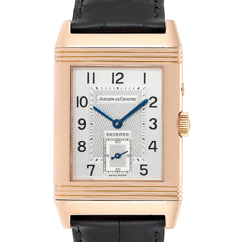 This image shows a front view of the Jaeger-LeCoultre Reverso watch, featuring its dial, crown, and strap.