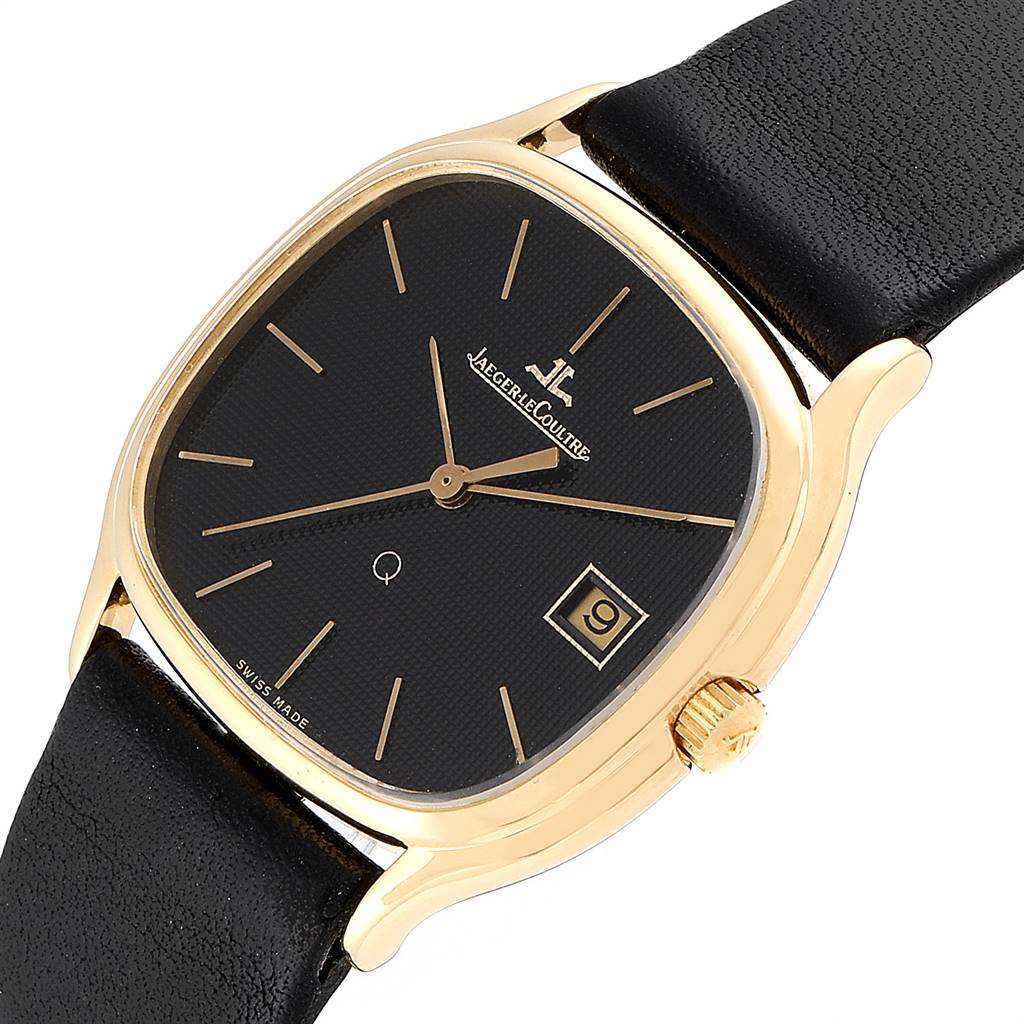 This image shows a Vintage Jaeger LeCoultre watch from an angled front view, highlighting the dial, hands, and crown.