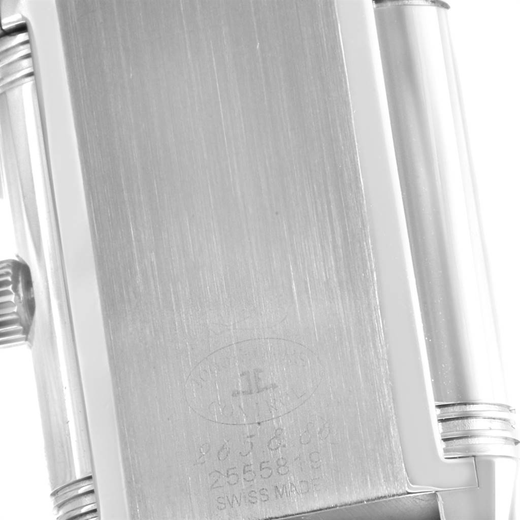 This image shows the back and side of a Jaeger LeCoultre Reverso Q2658430 Women's Stainless Steel Silver Dial Q2658430 Women's Stainless Steel Silver Dial watch case, showcasing the brushed metal and engraved details.