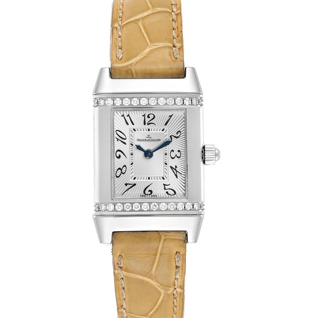 The image shows a front view of a Jaeger LeCoultre Reverso Q2658430 Women's Stainless Steel Silver Dial Q2658430 Women's Stainless Steel Silver Dial watch with a rectangular face and leather strap.