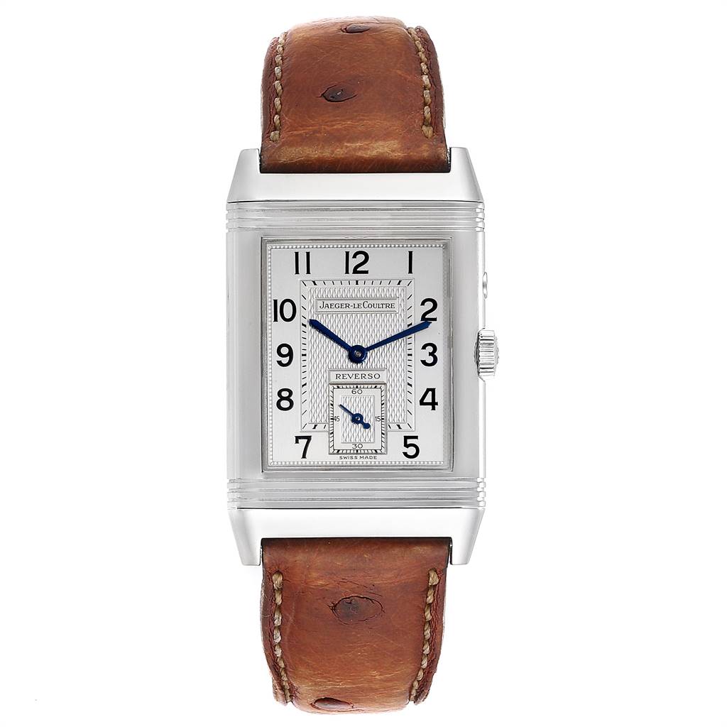 The image shows a front view of a Jaeger LeCoultre Reverso Q270854 Men's Stainless Steel Silver Dial Q270854 Men's Stainless Steel Silver Dial watch, highlighting its rectangular case and brown leather strap.