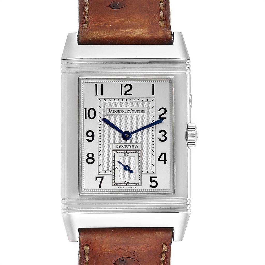 This image shows a front view of a Jaeger-LeCoultre Reverso watch, highlighting the dial, case, and leather strap.