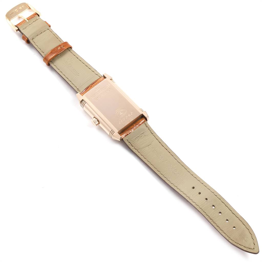 The image shows the back case and whole strap of a Jaeger LeCoultre Reverso 270.2.62 Men's Rose Gold Silver Dial 270.2.62 Men's Rose Gold Silver Dial watch from a top-down angle.