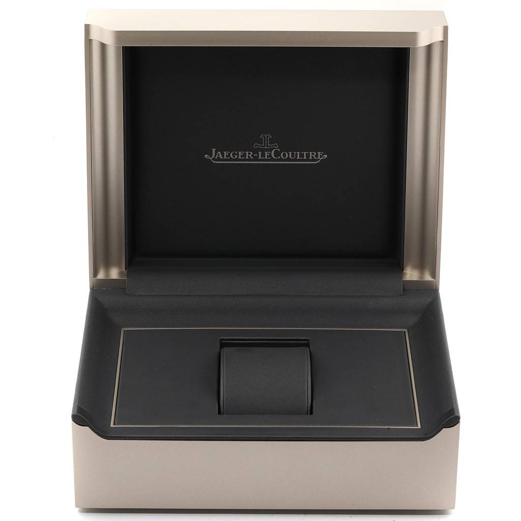 The image shows an open Jaeger LeCoultre Reverso 270.2.62 Men's Rose Gold Silver Dial 270.2.62 Men's Rose Gold Silver Dial watch box from a front angle, displaying the interior cushion.