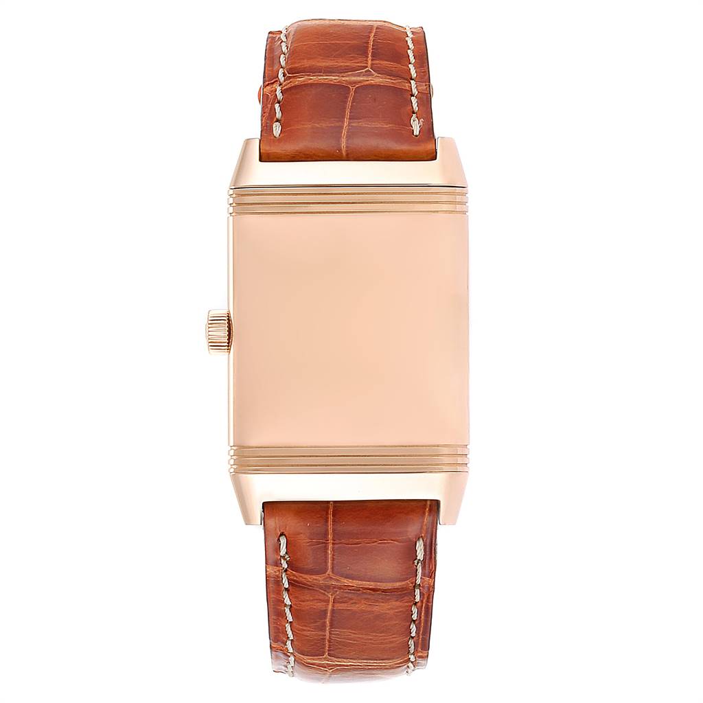 The image shows the back and brown leather strap of a Jaeger LeCoultre Reverso 270.2.62 Men's Rose Gold Silver Dial 270.2.62 Men's Rose Gold Silver Dial watch from a top-down angle.