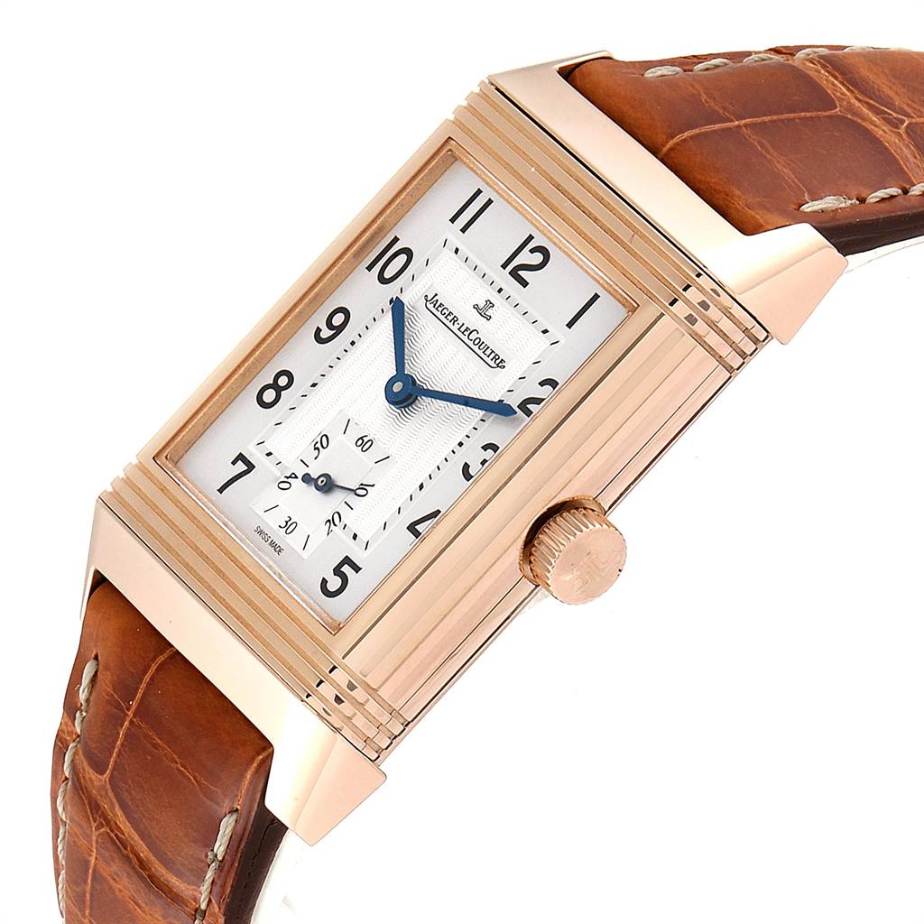 This image shows a Jaeger-LeCoultre Reverso model watch at a slight angle, highlighting the dial, crown, and strap.