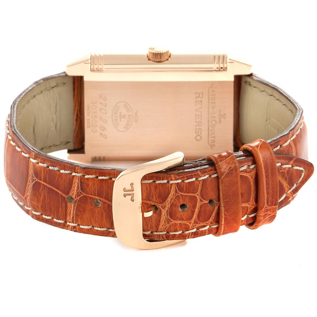 The image shows the back view of the Jaeger LeCoultre Reverso 270.2.62 Men's Rose Gold Silver Dial 270.2.62 Men's Rose Gold Silver Dial watch with a visible brown leather strap and clasp.
