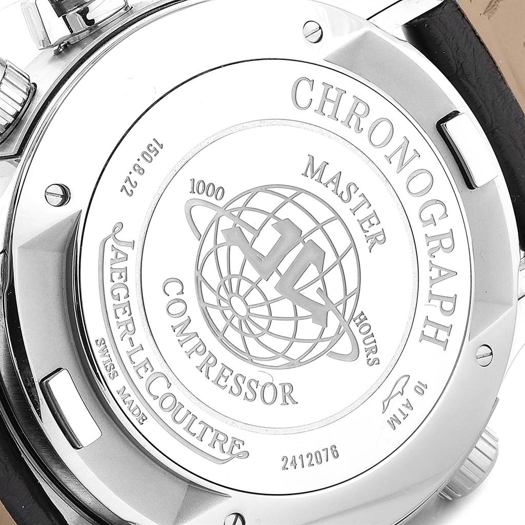The image shows the back case of the Jaeger-LeCoultre Master Compressor Chronograph watch.