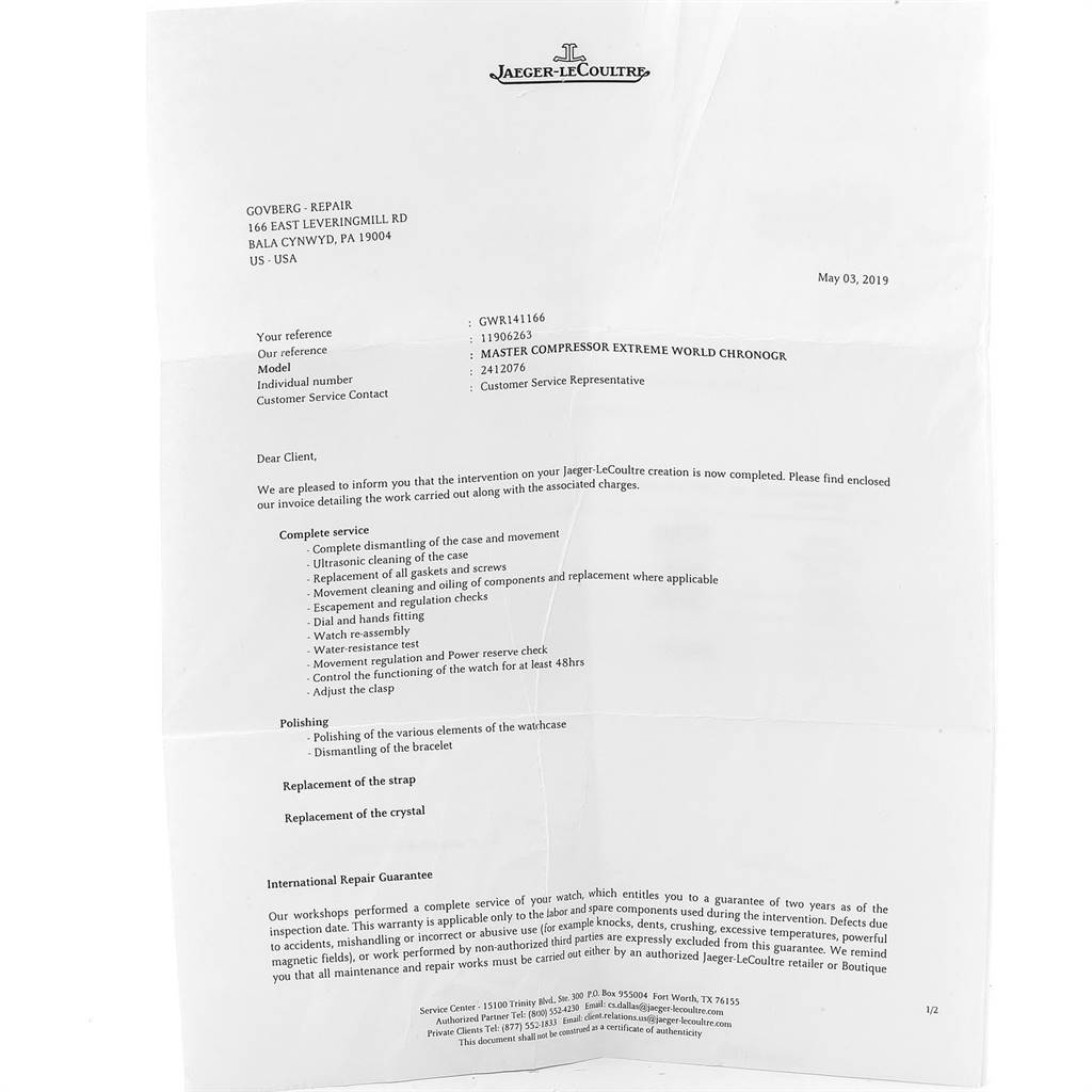 The image shows an official service repair document from Jaeger-LeCoultre for the Master Compressor Extreme World Chronograph model.