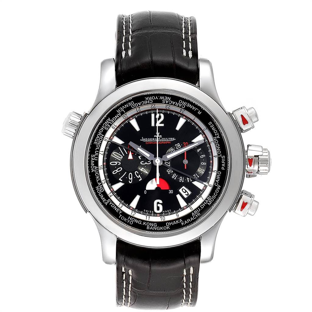 The image shows a frontal view of a Jaeger LeCoultre Master Q1768470 Men's Stainless Steel Black Dial Q1768470 Men's Stainless Steel Black Dial model watch with a black dial, leather strap, and multiple subdials.