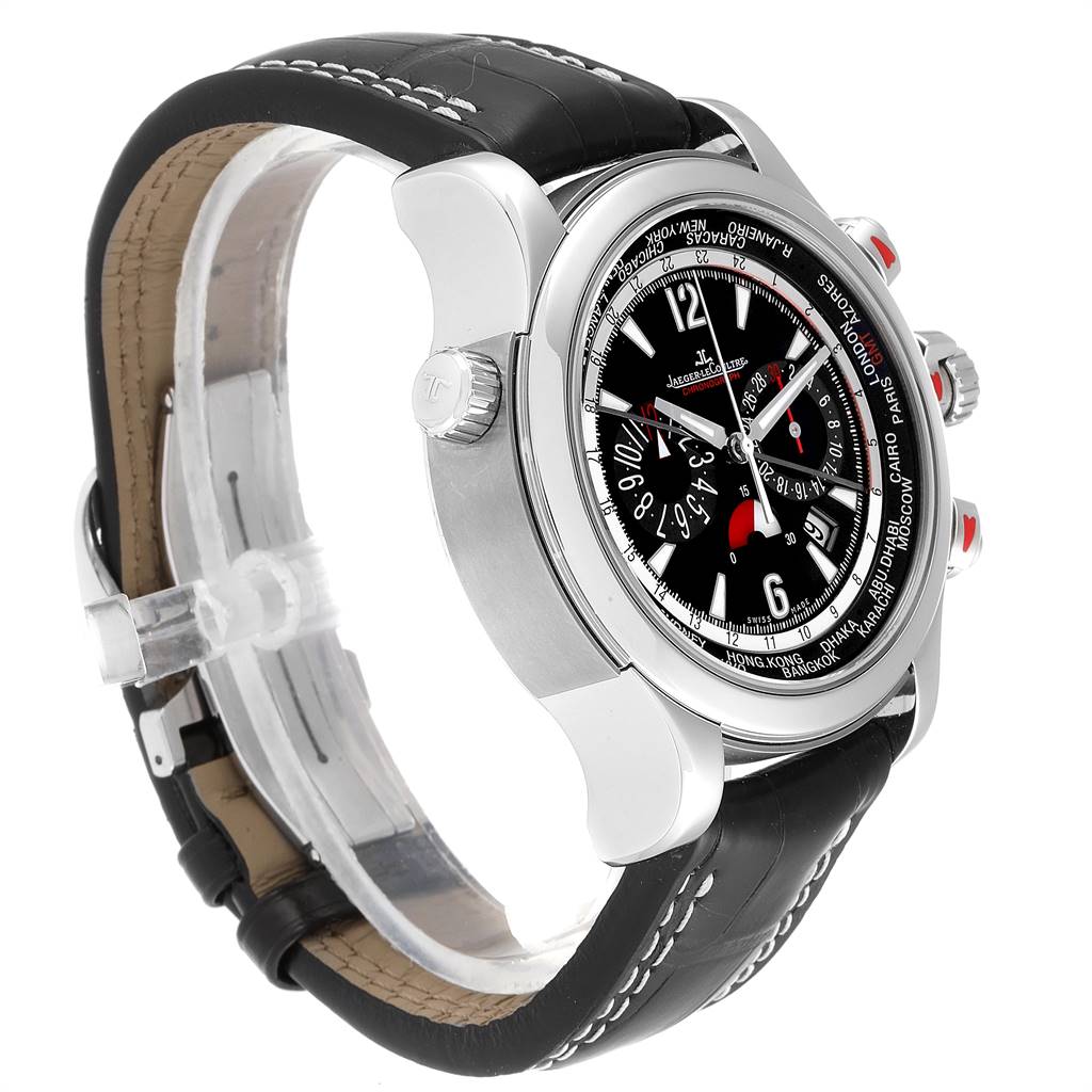 The image shows a side angle of a Jaeger LeCoultre Master Q1768470 Men's Stainless Steel Black Dial Q1768470 Men's Stainless Steel Black Dial model watch, highlighting the case, crown, and part of the strap.