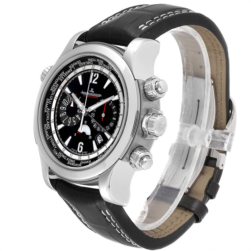 The image shows a Jaeger LeCoultre Master Q1768470 Men's Stainless Steel Black Dial Q1768470 Men's Stainless Steel Black Dial model watch at an angled side view displaying the dial, crown, pushers, and leather strap.