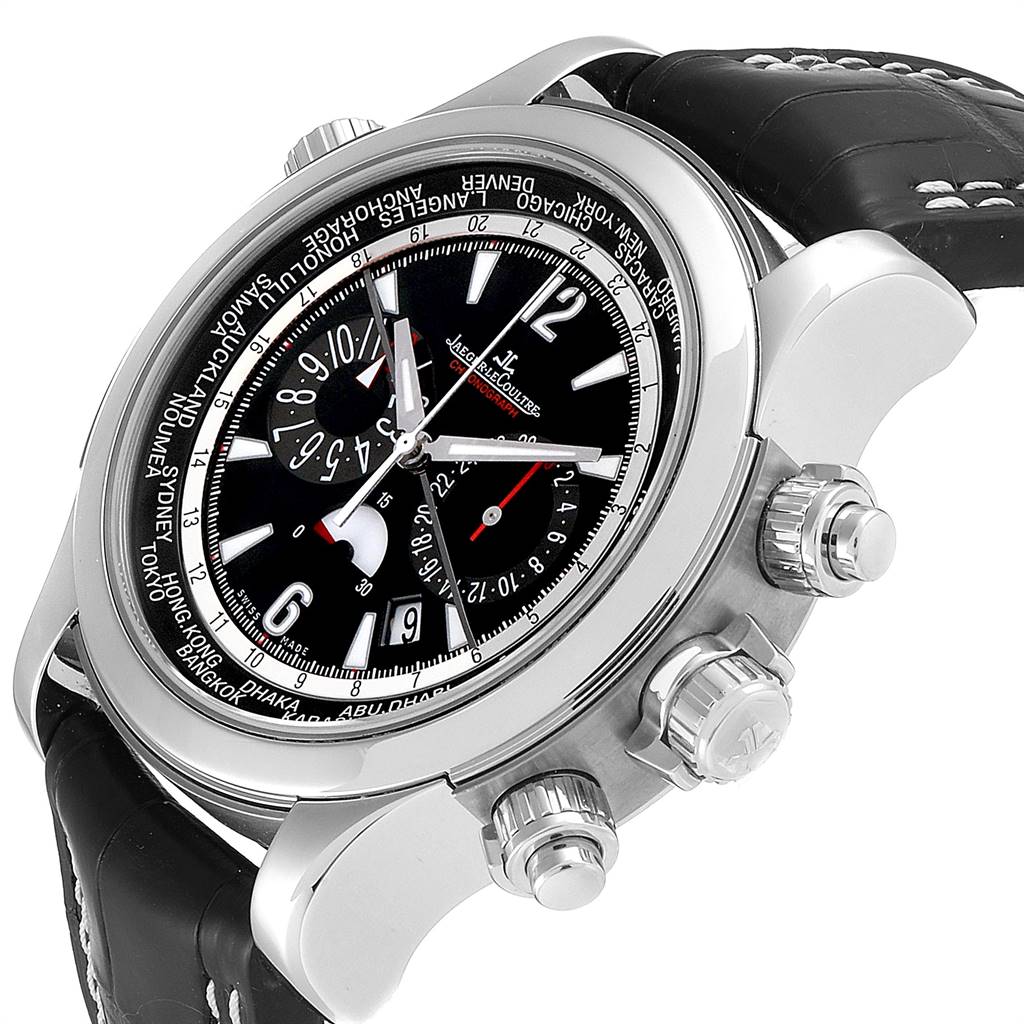 This image shows a Jaeger LeCoultre Master Q1768470 Men's Stainless Steel Black Dial Q1768470 Men's Stainless Steel Black Dial model watch at a three-quarter angle highlighting the dial, crown, and pushers.