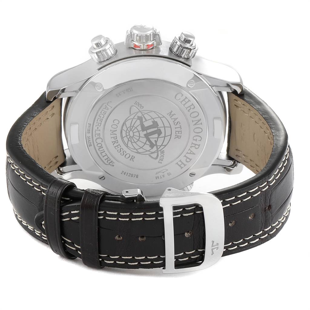 The image shows the back view of a Jaeger-LeCoultre Master Compressor Chronograph watch, highlighting its case back and leather strap clasp.
