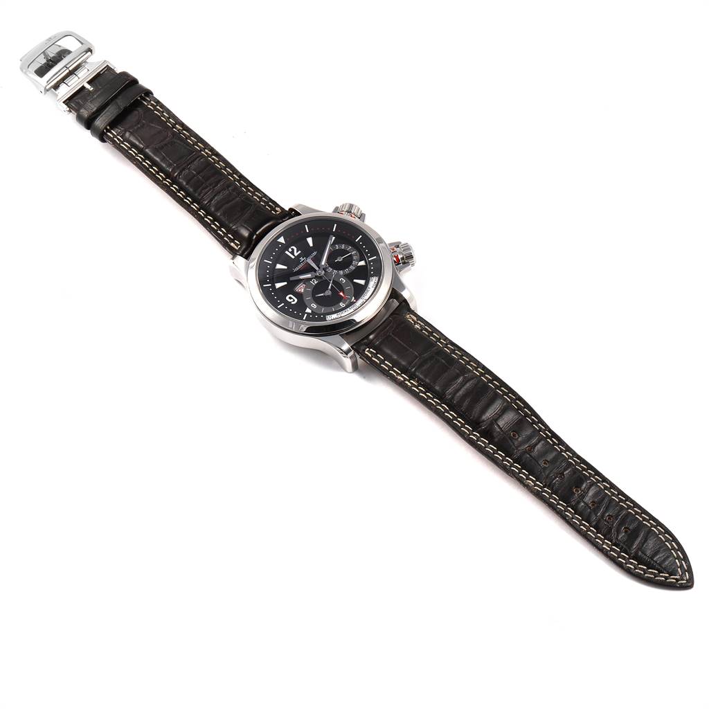 The image shows a Jaeger LeCoultre Master Q1718470 Men's Stainless Steel Black Dial Q1718470 Men's Stainless Steel Black Dial model watch at an oblique angle, highlighting the black dial, case, crown, and brown leather strap.