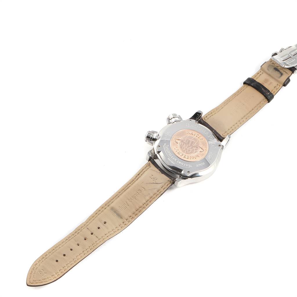 The image shows the back of a Jaeger LeCoultre Master Q1718470 Men's Stainless Steel Black Dial Q1718470 Men's Stainless Steel Black Dial model watch, including its leather strap and metal caseback.