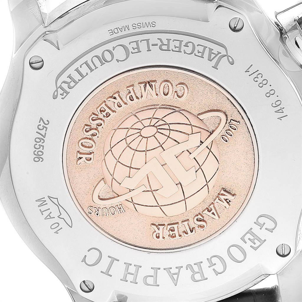 This close-up image shows the back case of a Jaeger-LeCoultre Master Compressor Geographique watch.