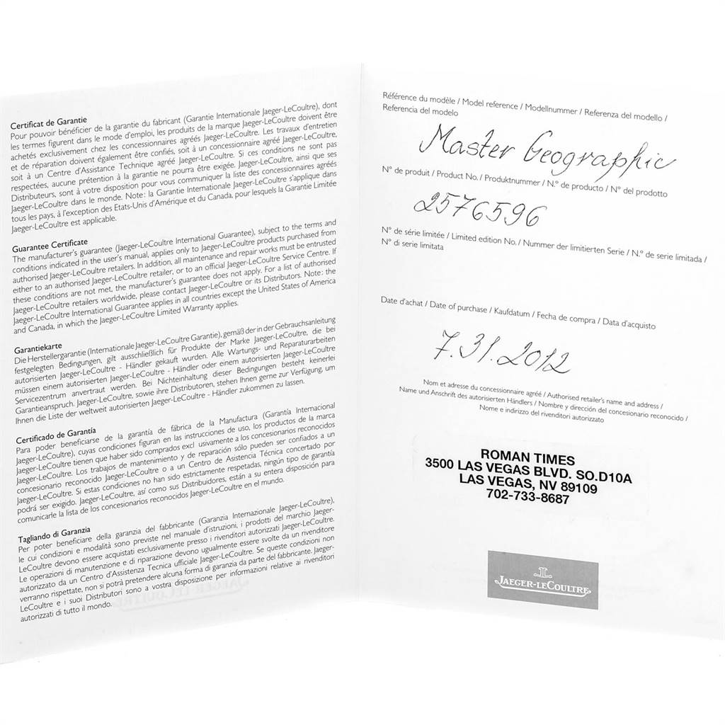 The image shows the opened warranty booklet for the Jaeger-LeCoultre Master Geographic watch model, displaying details like model number and purchase date.