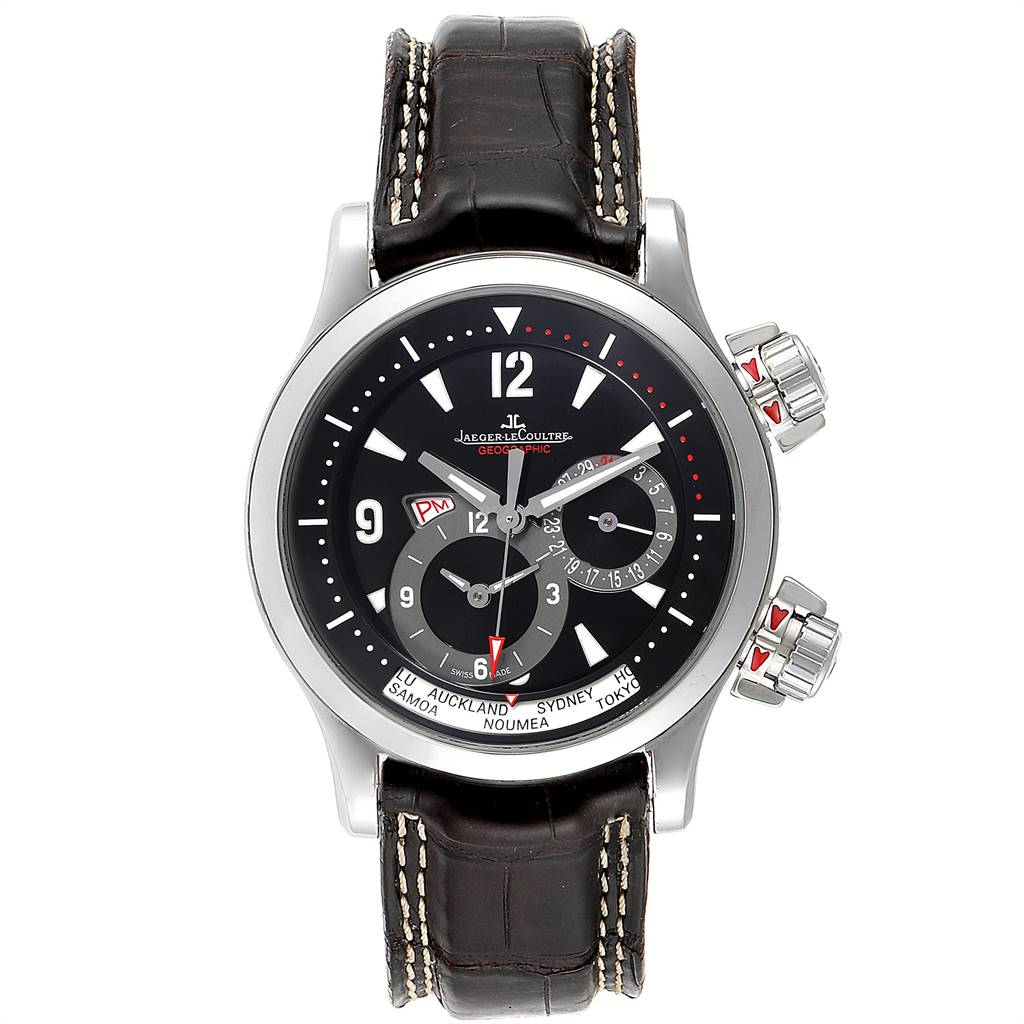 This is a front-facing view of the Jaeger-LeCoultre Master Geographic watch, showing its dial, leather strap, and side buttons.