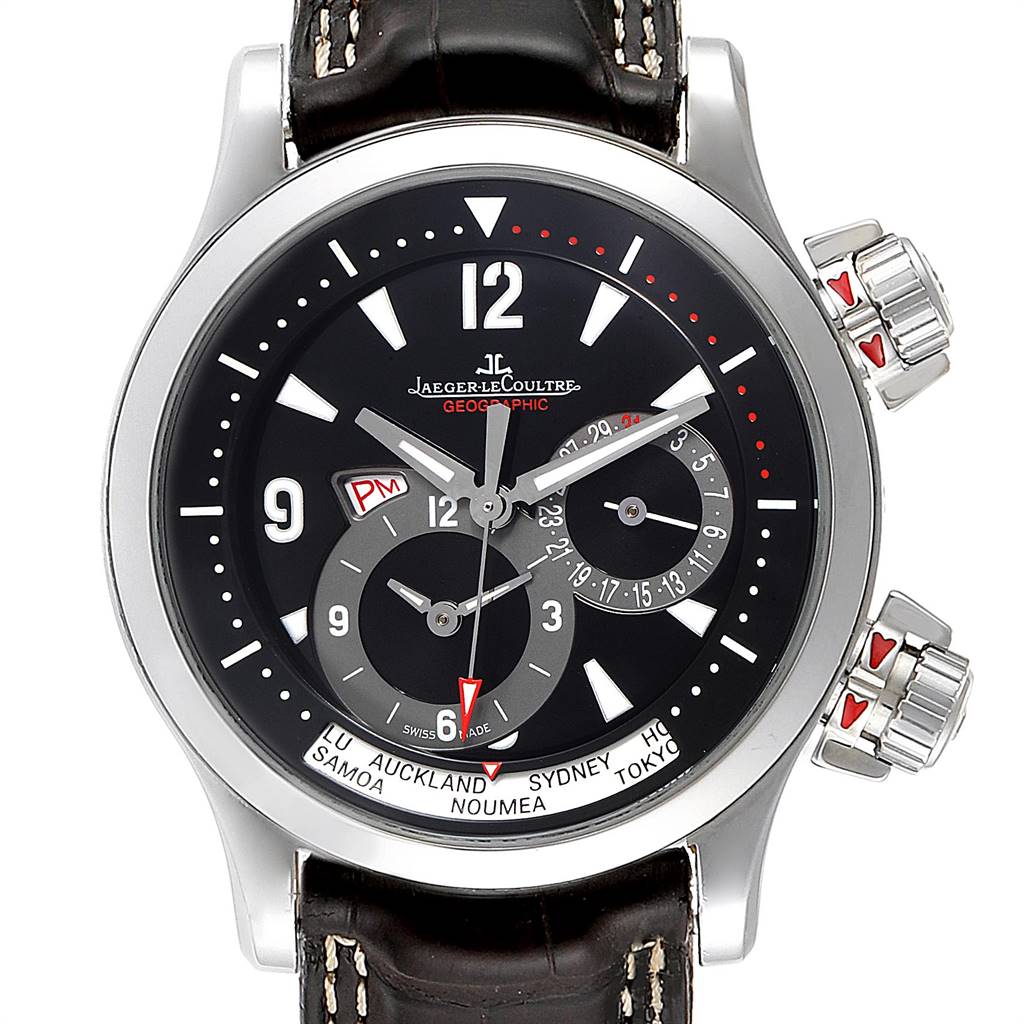 The image shows a front view of the Jaeger LeCoultre Master Q1718470 Men's Stainless Steel Black Dial Q1718470 Men's Stainless Steel Black Dial Geographic watch, highlighting its face, hands, dials, and crown.