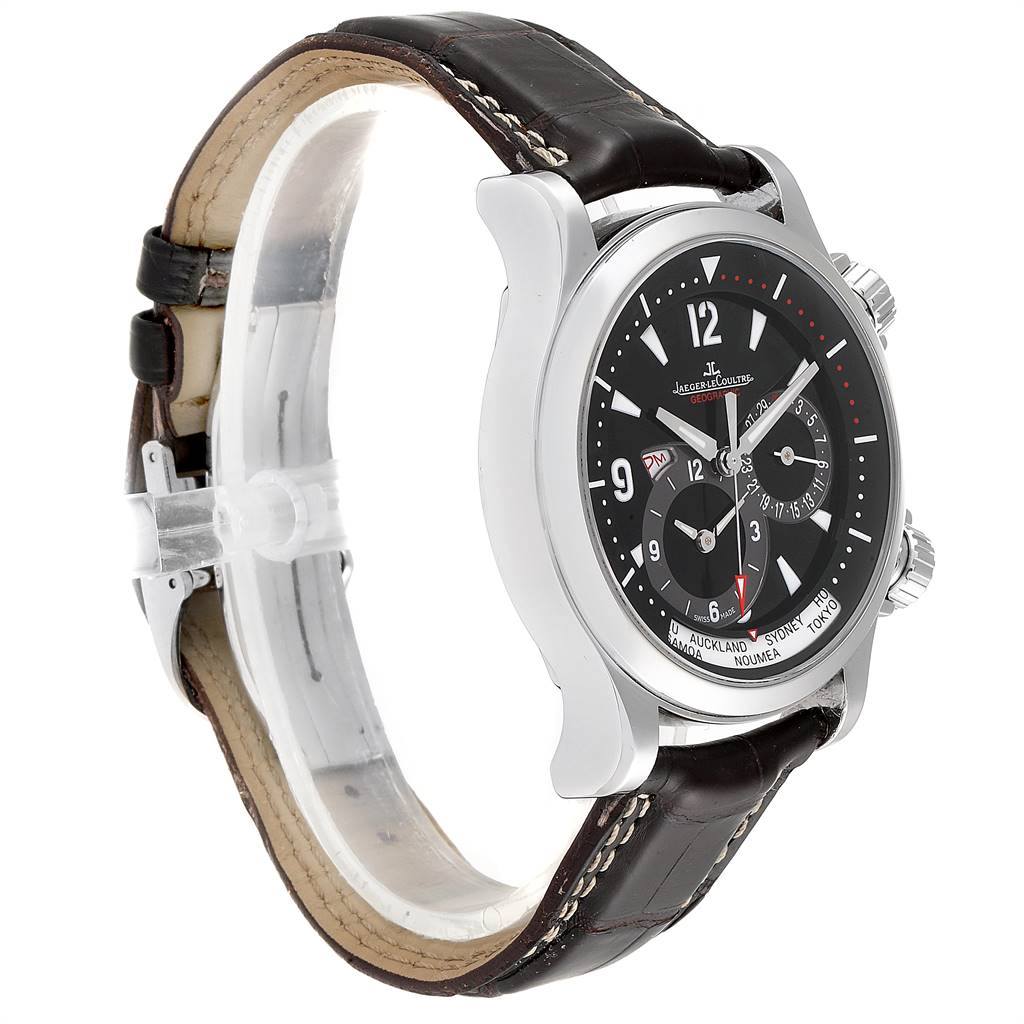 The image shows a Jaeger LeCoultre Master Q1718470 Men's Stainless Steel Black Dial Q1718470 Men's Stainless Steel Black Dial model watch at a slight angle, highlighting its black dial, leather strap, and side crowns.