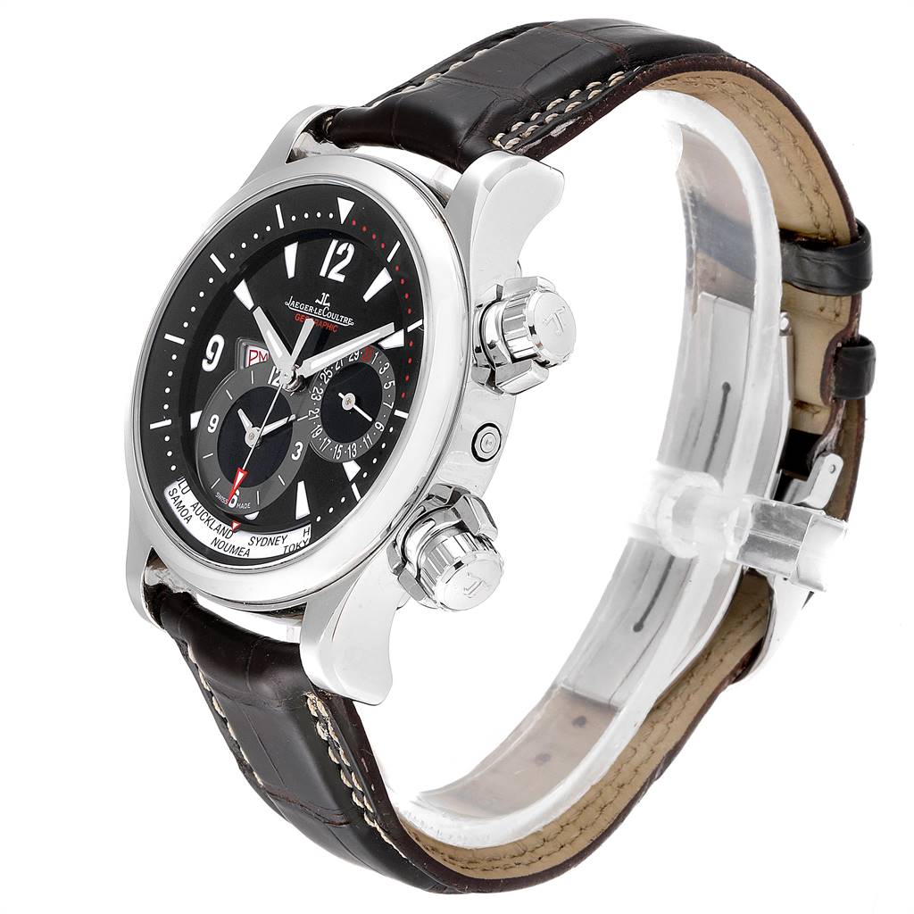 This is a front angled view of the Jaeger-LeCoultre Master model watch, showing its dial, crown, and leather strap.