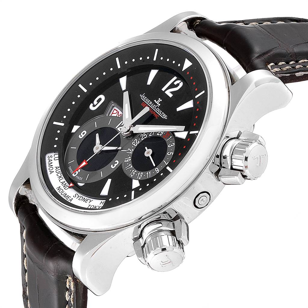 This Jaeger-LeCoultre Master watch is shown at a slight angle, highlighting the dial, case, crown, and part of the leather strap.