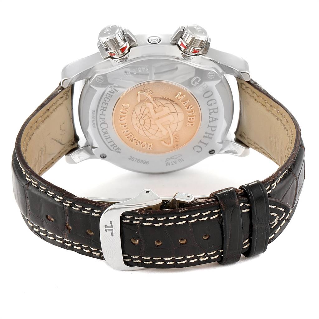 The image shows the back of a Jaeger LeCoultre Master Q1718470 Men's Stainless Steel Black Dial Q1718470 Men's Stainless Steel Black Dial Compressor Geographic watch and its brown leather strap with a buckle.