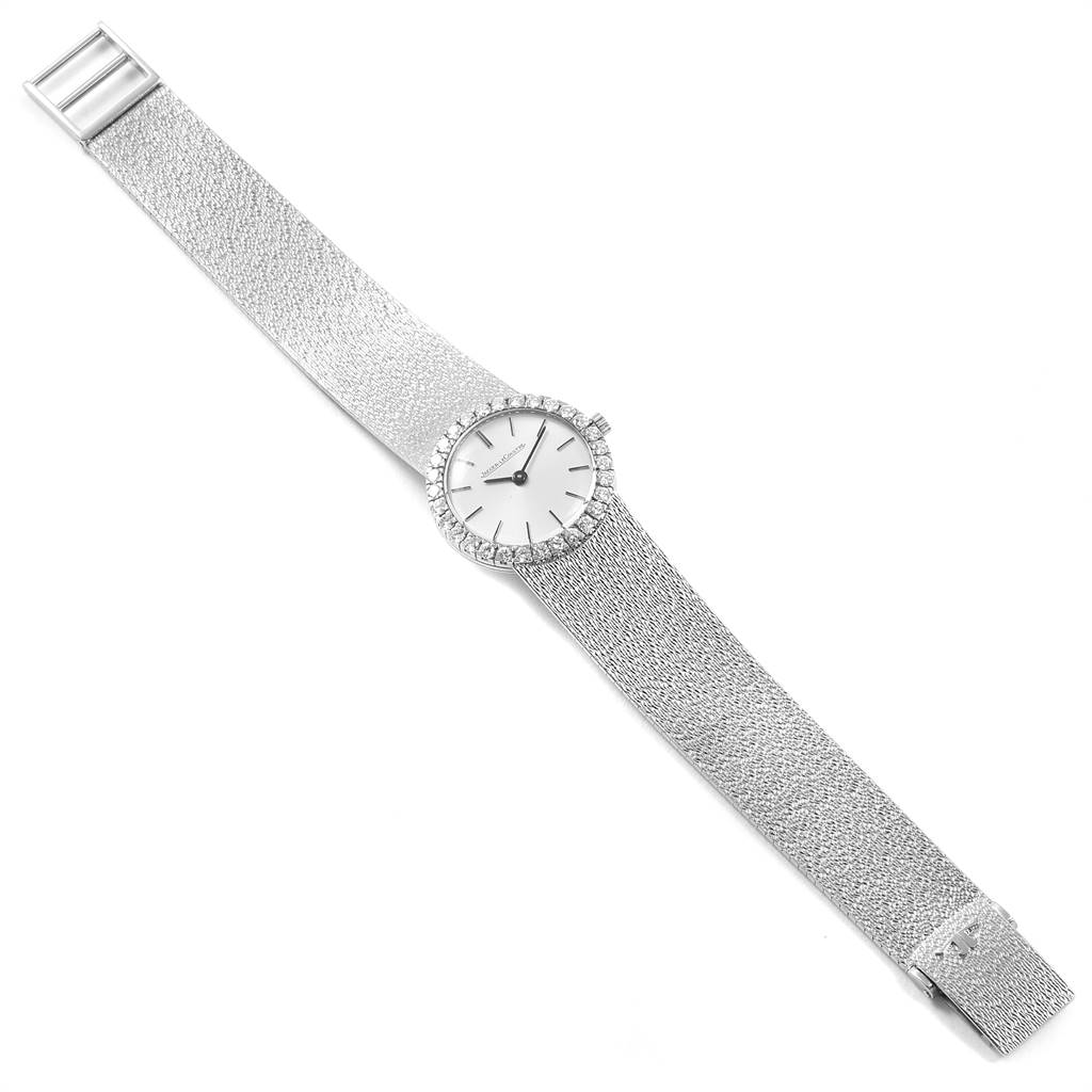This image shows a full view of a Jaeger LeCoultre Vintage 80358 Women's White Gold Silver Dial 80358 Women's White Gold Silver Dial watch, including the dial, bezel, and metal strap.