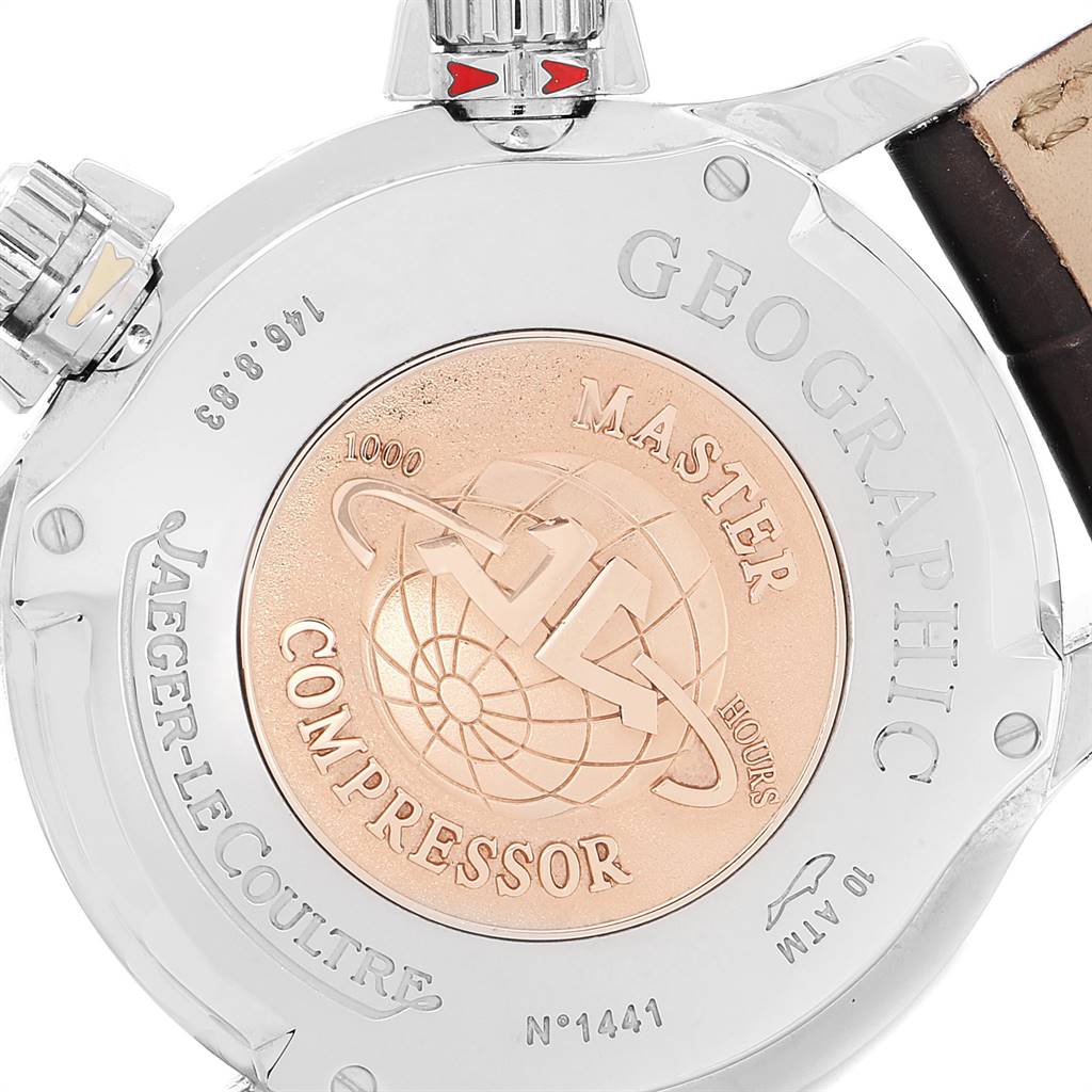 This image shows the back of a Jaeger-LeCoultre Master Compressor Geographic watch, highlighting the engraved logo and model details.