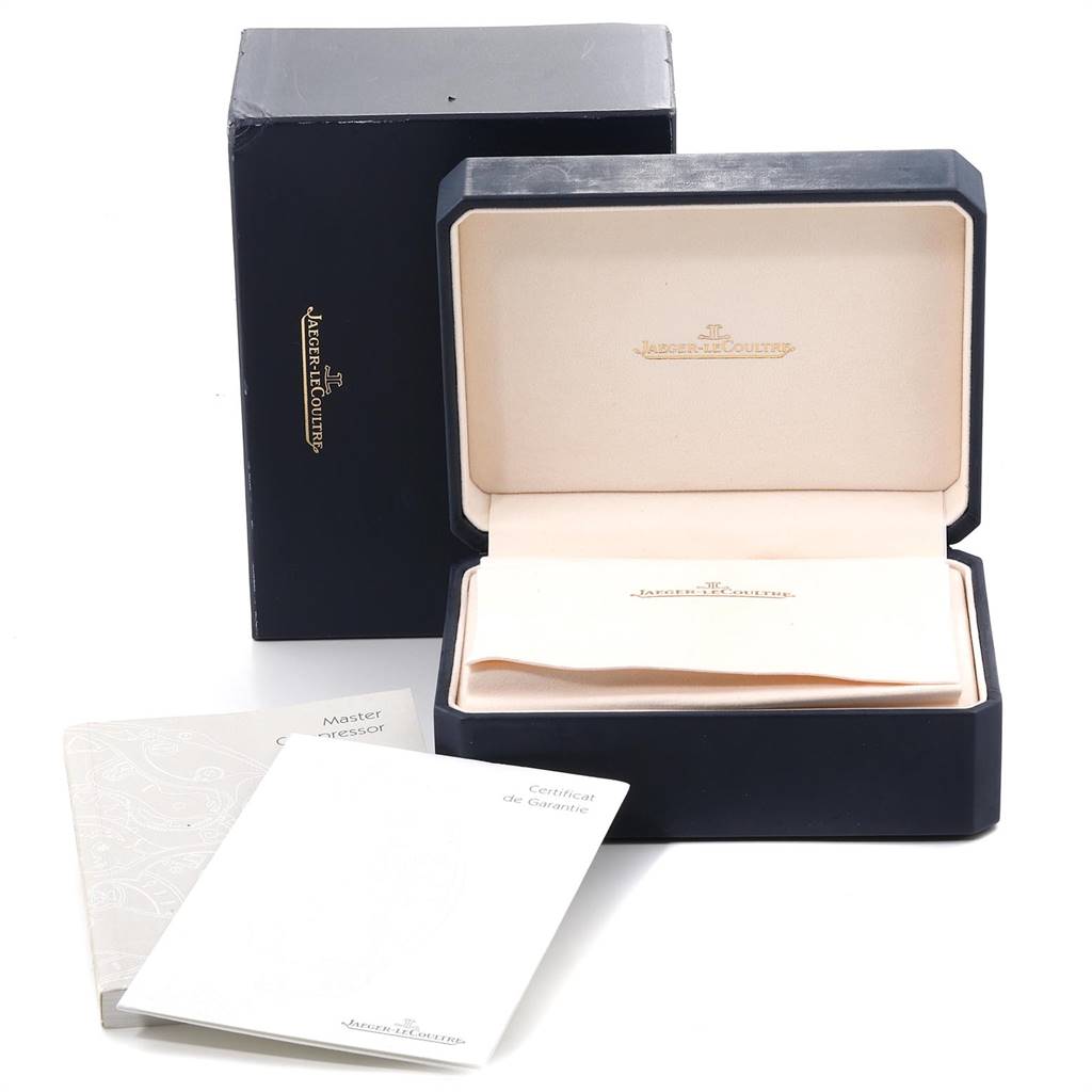 The image shows the packaging and accessories for a Jaeger LeCoultre Master Q1718470 Men's Stainless Steel Black Dial Q1718470 Men's Stainless Steel Black Dial model, including the box, booklet, and warranty certificate.