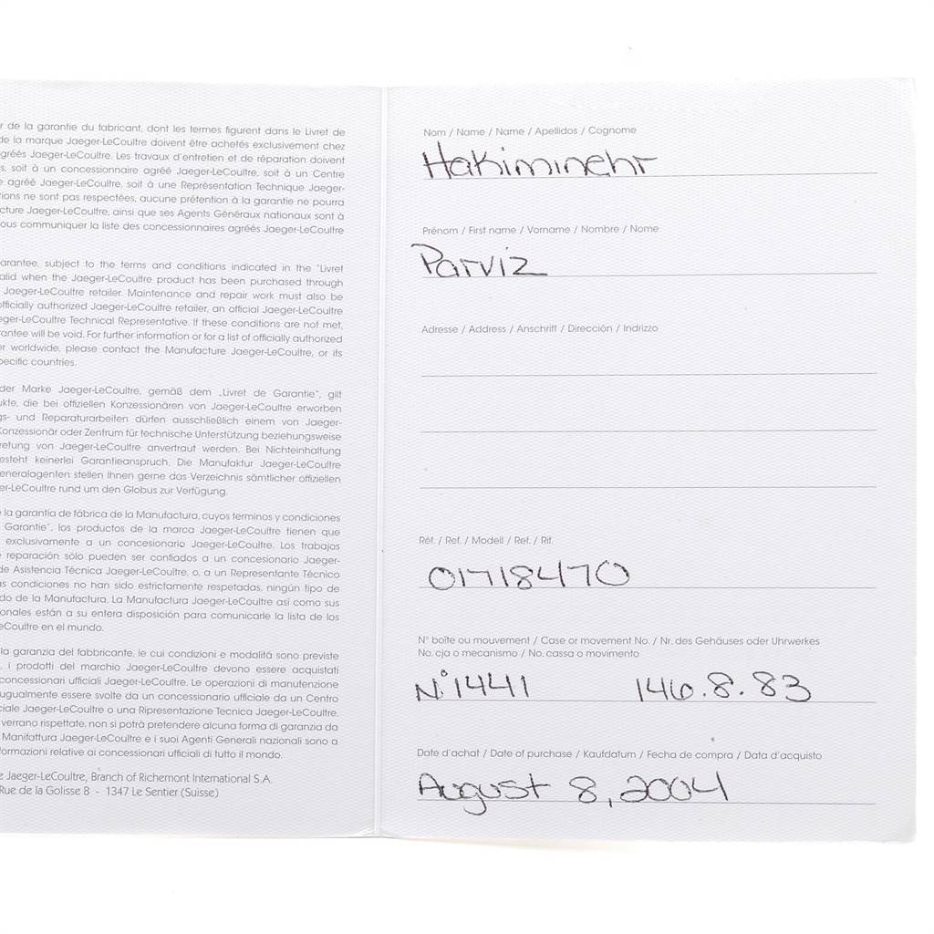 This is an open warranty card for a Jaeger-LeCoultre Master model watch, including owner details and purchase date.