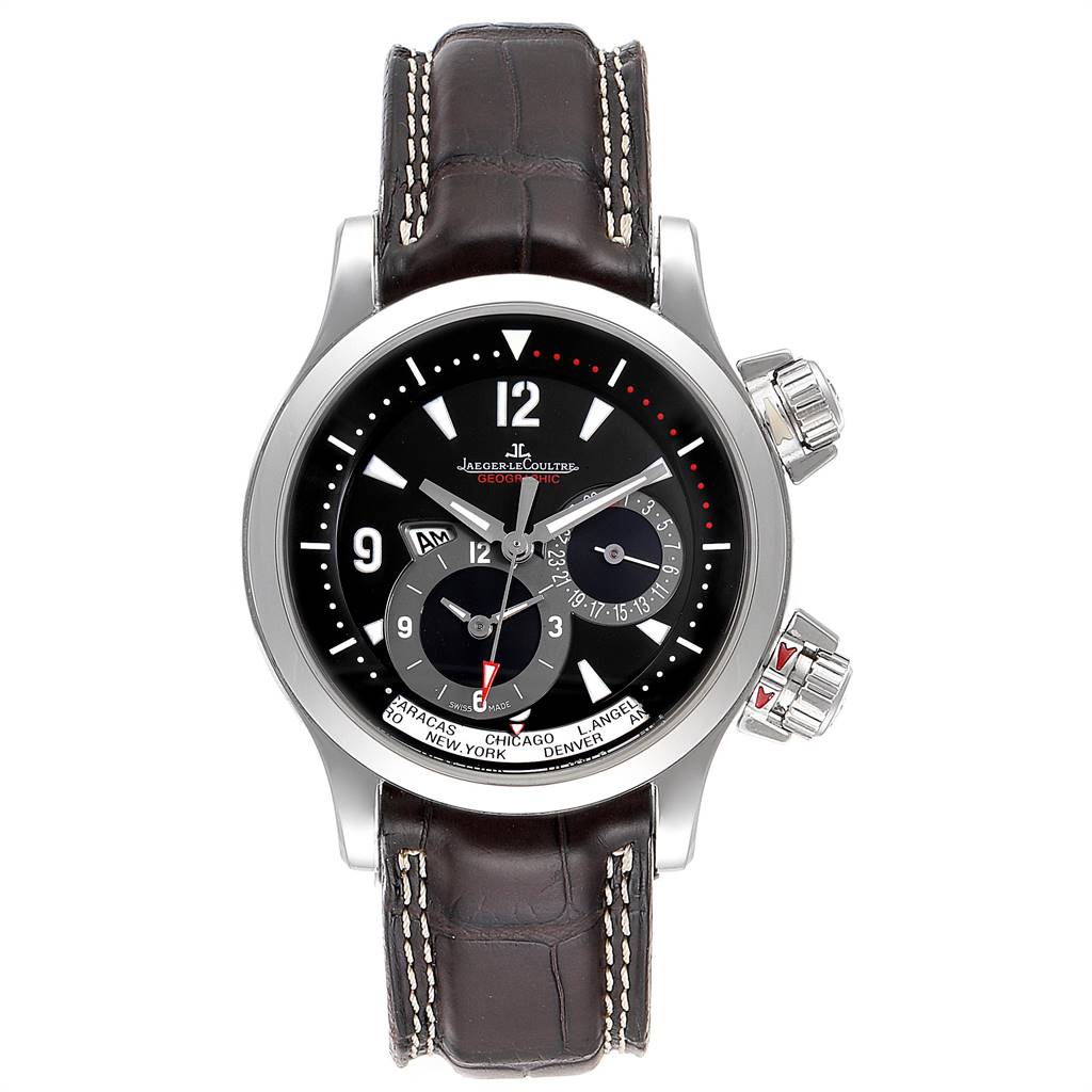 The image shows a front view of the Jaeger LeCoultre Master Q1718470 Men's Stainless Steel Black Dial Q1718470 Men's Stainless Steel Black Dial model watch, displaying its face, dial, and leather strap.