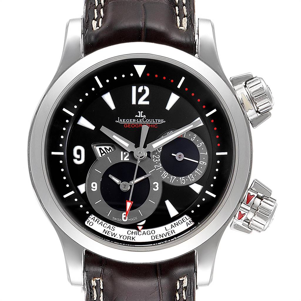 The Jaeger LeCoultre Master Q1718470 Men's Stainless Steel Black Dial Q1718470 Men's Stainless Steel Black Dial model watch is shown from a straight-on angle, highlighting the dial, hands, and side crowns.