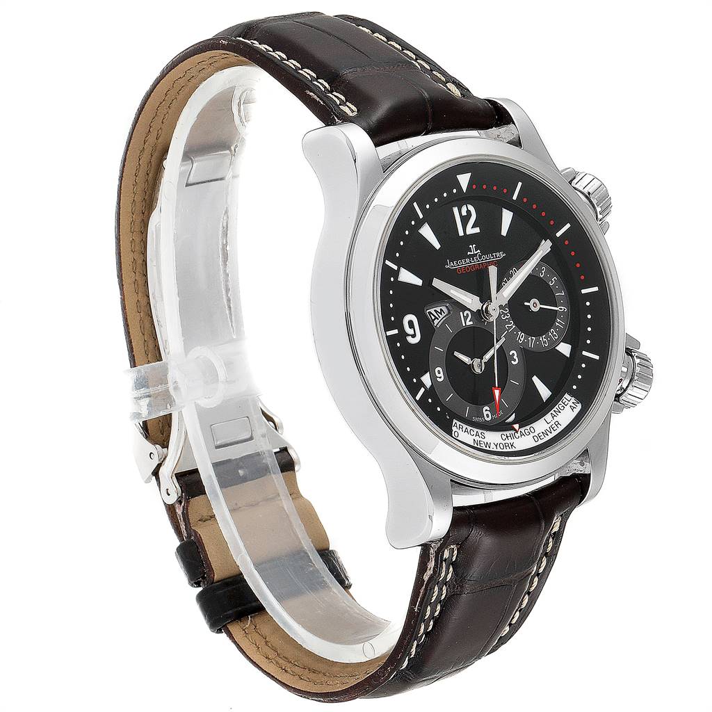 The image shows a Jaeger LeCoultre Master Q1718470 Men's Stainless Steel Black Dial Q1718470 Men's Stainless Steel Black Dial model watch at a slight angle, highlighting the strap, face, and side profile.