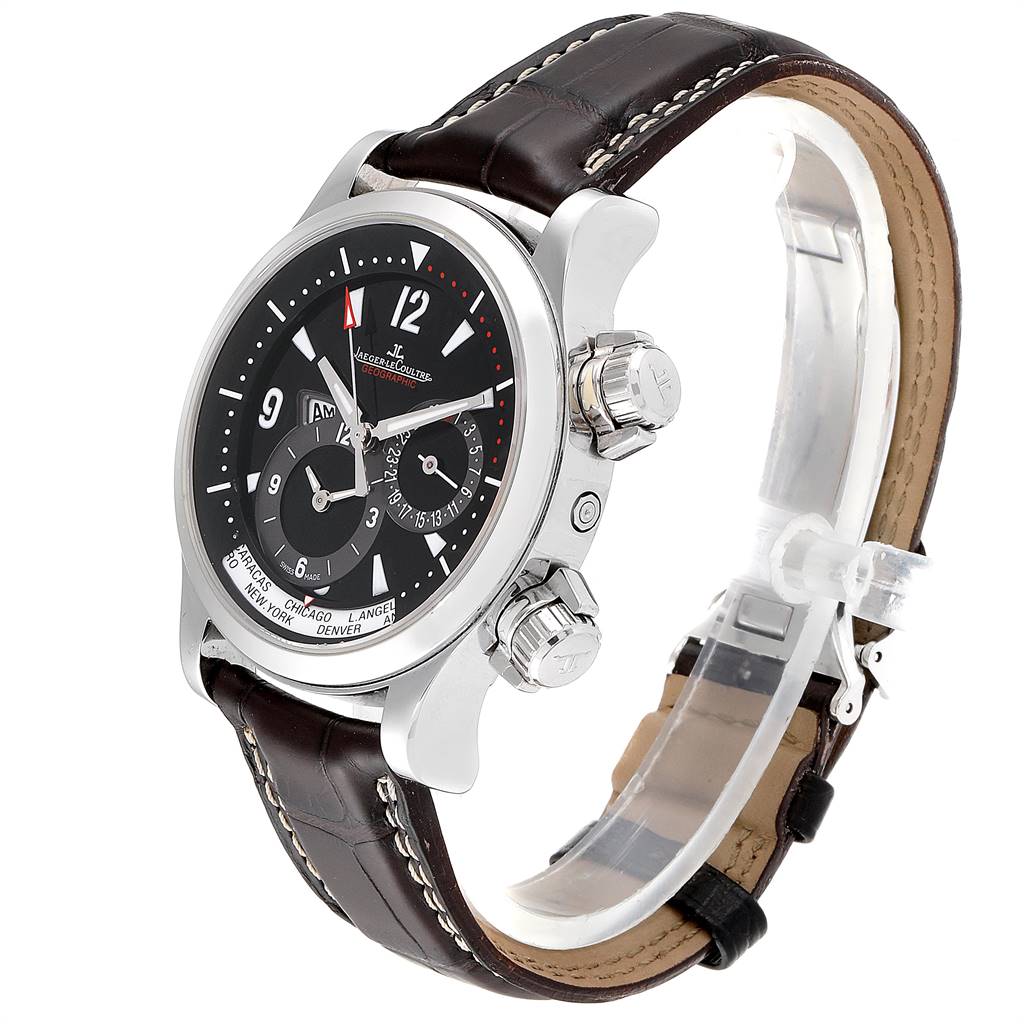 The Jaeger LeCoultre Master Q1718470 Men's Stainless Steel Black Dial Q1718470 Men's Stainless Steel Black Dial model watch is shown at an angle, highlighting its face, side chronograph buttons, and leather strap.