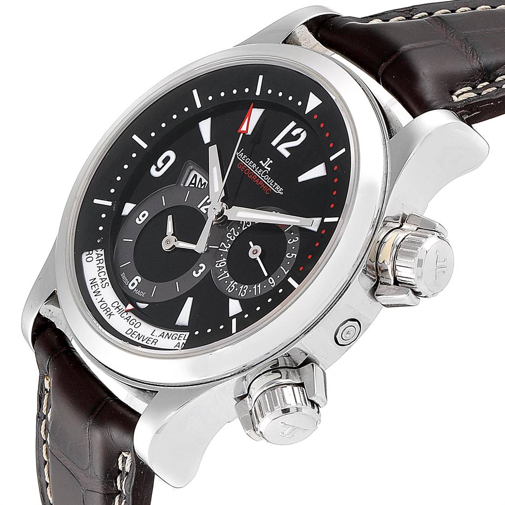 The image shows a close-up, angled view of the Jaeger LeCoultre Master Q1718470 Men's Stainless Steel Black Dial Q1718470 Men's Stainless Steel Black Dial model watch, highlighting its dial, side crowns, and leather strap.