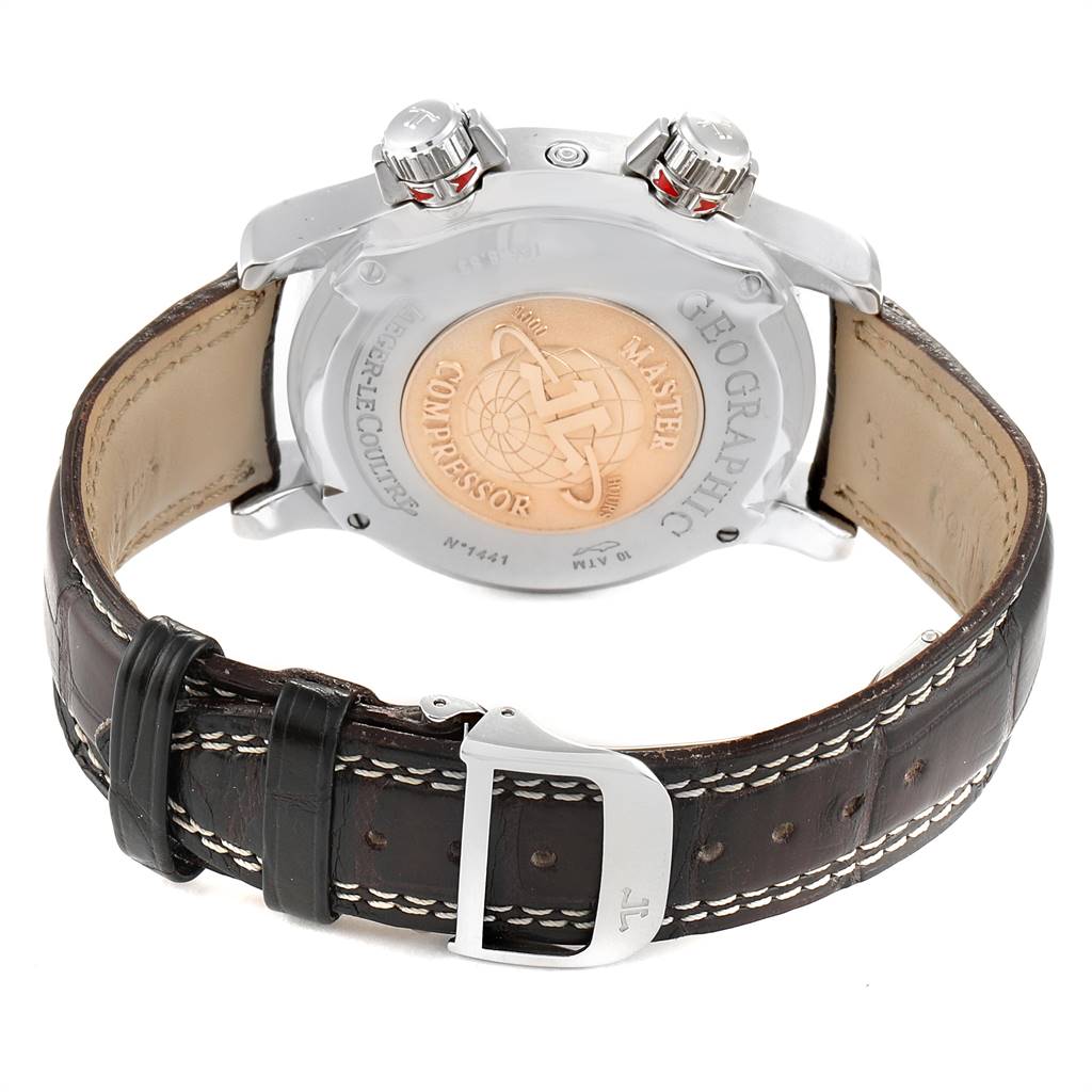 The Jaeger LeCoultre Master Q1718470 Men's Stainless Steel Black Dial Q1718470 Men's Stainless Steel Black Dial model watch is shown from the back angle, displaying the case back and leather strap.