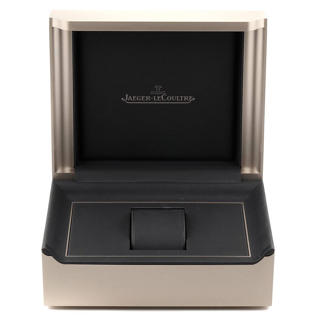 The image shows an open Reverso model watch box by Jaeger LeCoultre, showcasing the interior with the cushion.