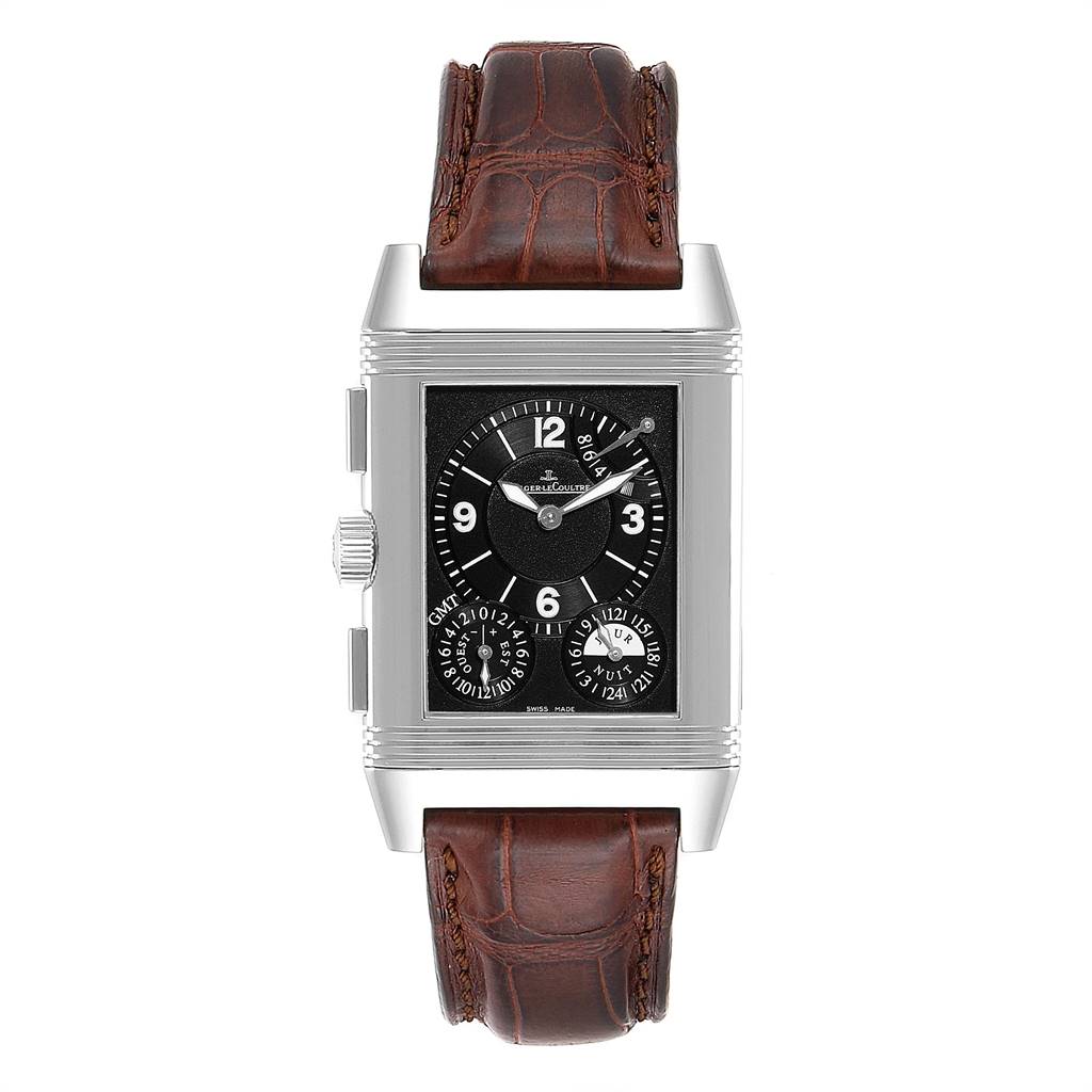 The Reverso model by Jaeger LeCoultre is shown from a front angle, displaying the dial, case, crown, and brown leather strap.