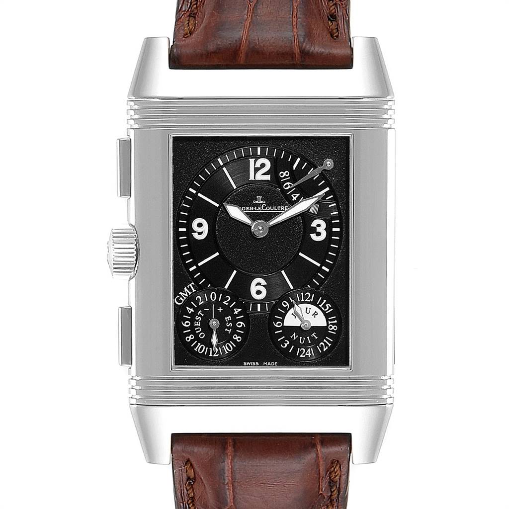 This image shows a front view of the Jaeger LeCoultre Reverso Q3028420 Men's Stainless Steel Silver Dial Q3028420 Men's Stainless Steel Silver Dial watch, featuring its dial, case, crown, and part of the leather strap.
