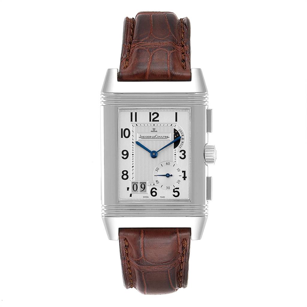 The image shows a front view of the Jaeger-LeCoultre Reverso watch with a brown leather strap.