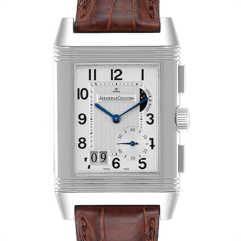 This image shows the front view of the Jaeger LeCoultre Reverso Q3028420 Men's Stainless Steel Silver Dial Q3028420 Men's Stainless Steel Silver Dial watch, highlighting the dial, crown, and leather strap.