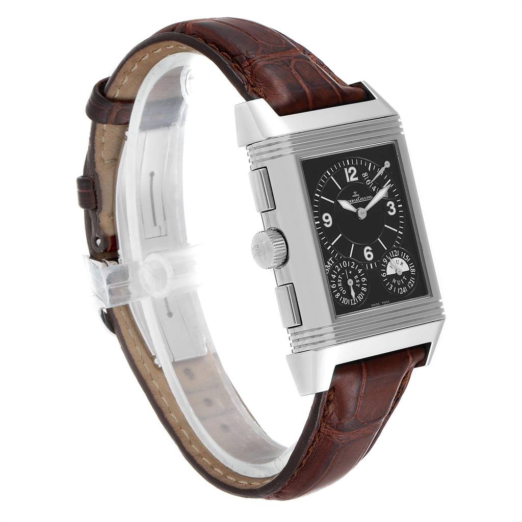 This image shows a Jaeger-LeCoultre Reverso watch at a slight side angle, highlighting the face, crown, and brown leather strap.