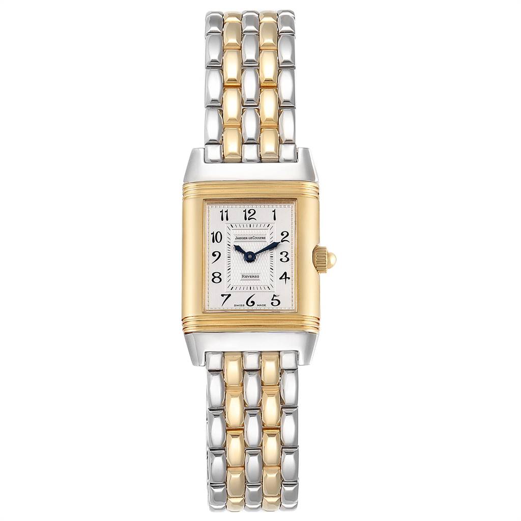 The image shows a front view of a Jaeger LeCoultre Reverso Q266511F Women's Steel and Gold (two tone) Mother of Pearl Dial Q266511F Women's Steel and Gold (two tone) Mother of Pearl Dial watch with a silver and gold bracelet.