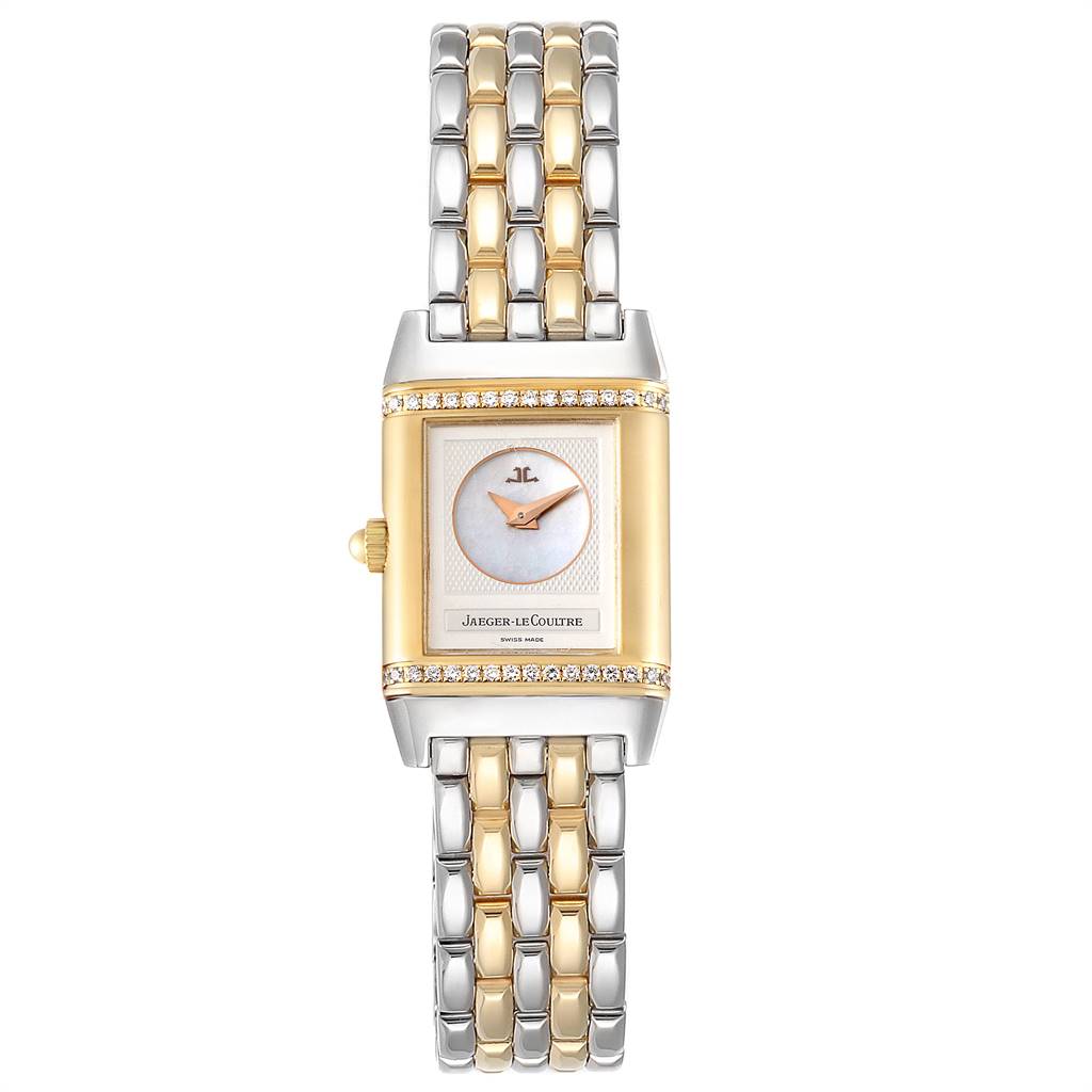 This image shows a frontal view of a Jaeger LeCoultre Reverso Q266511F Women's Steel and Gold (two tone) Mother of Pearl Dial Q266511F Women's Steel and Gold (two tone) Mother of Pearl Dial watch, featuring a two-tone bracelet and rectangular dial.