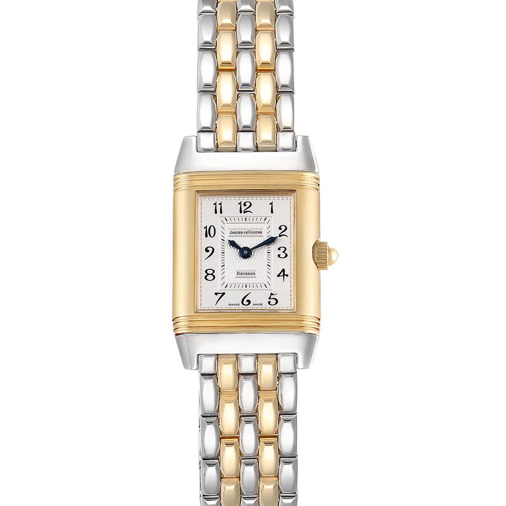 The image shows a frontal view of a Jaeger LeCoultre Reverso Q266511F Women's Steel and Gold (two tone) Mother of Pearl Dial Q266511F Women's Steel and Gold (two tone) Mother of Pearl Dial watch, highlighting its rectangular face, two-tone bracelet, and dial details.
