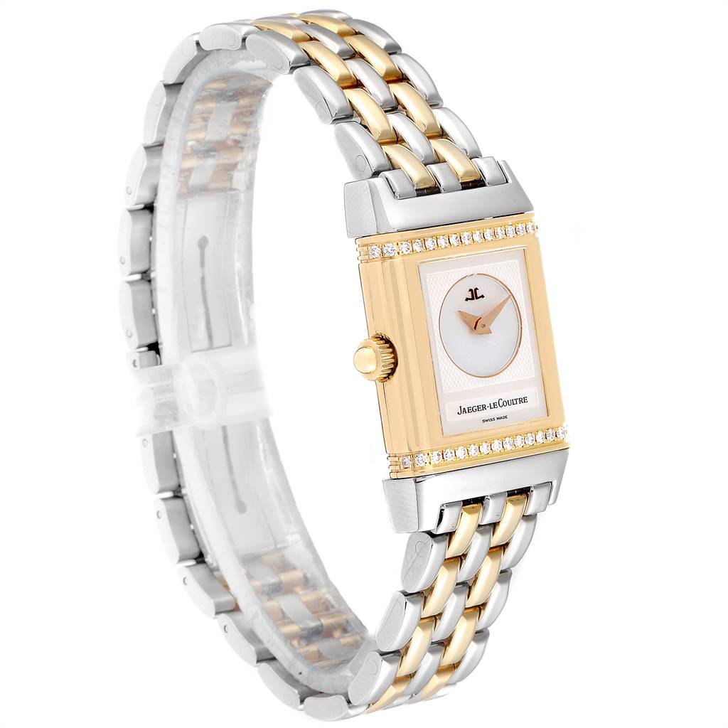 The image shows a Jaeger-LeCoultre Reverso watch at a three-quarter angle, highlighting the rectangular dial and two-tone bracelet.